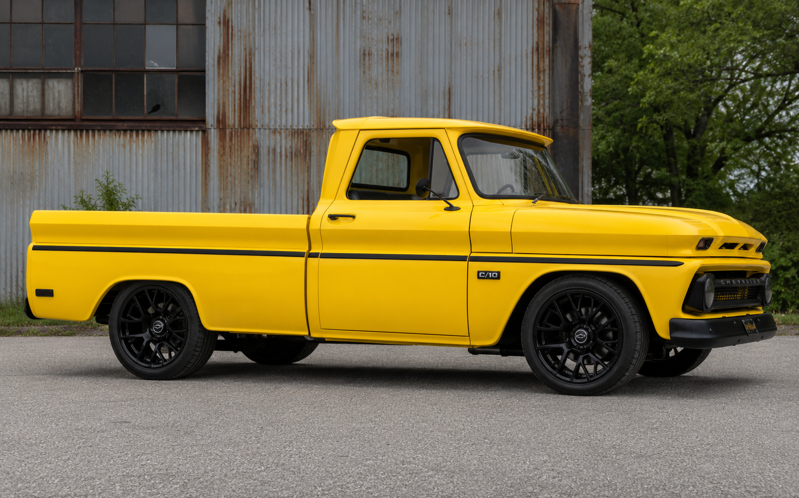 Yellowjacket — wasp-yellow 1966 Chevy C10 resto-mod with blacked-out trim